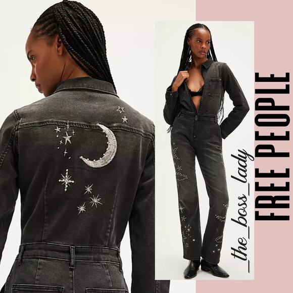 Free People x Driftwood jumpsuit denim one piece onesie embroidered Medium - Picture 1 of 9